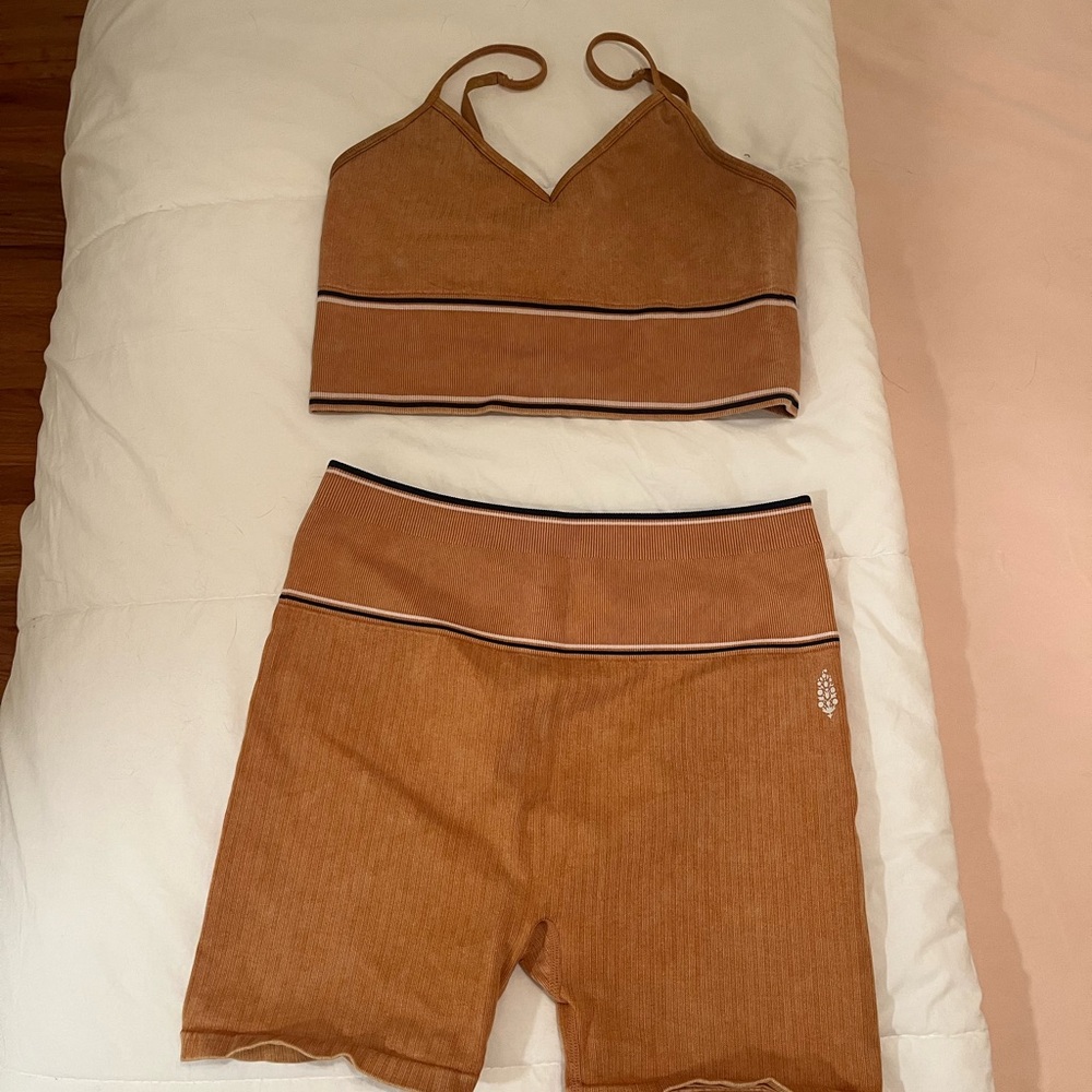 Free People Movement athletic set. Sports bra + biker shorts. Yellow/gold